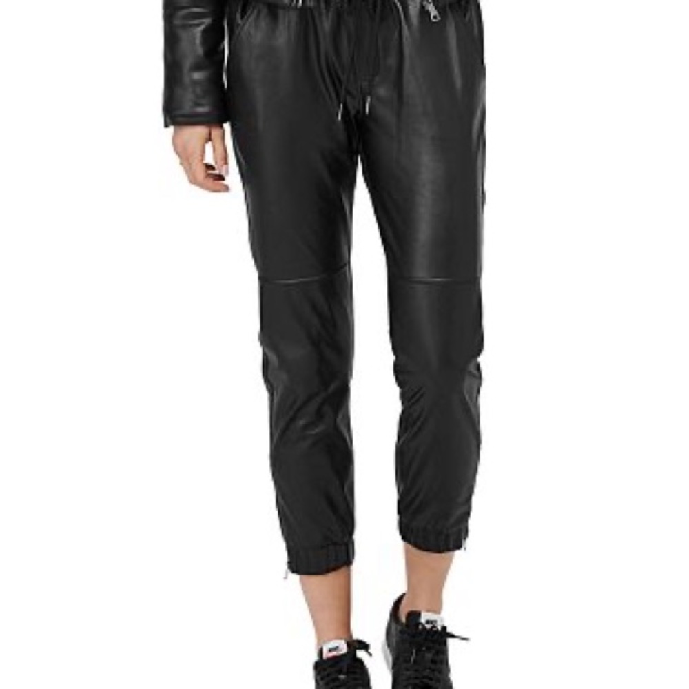 David Lerner Black Leather Vegan Joggers Zipper Pockets Size Small